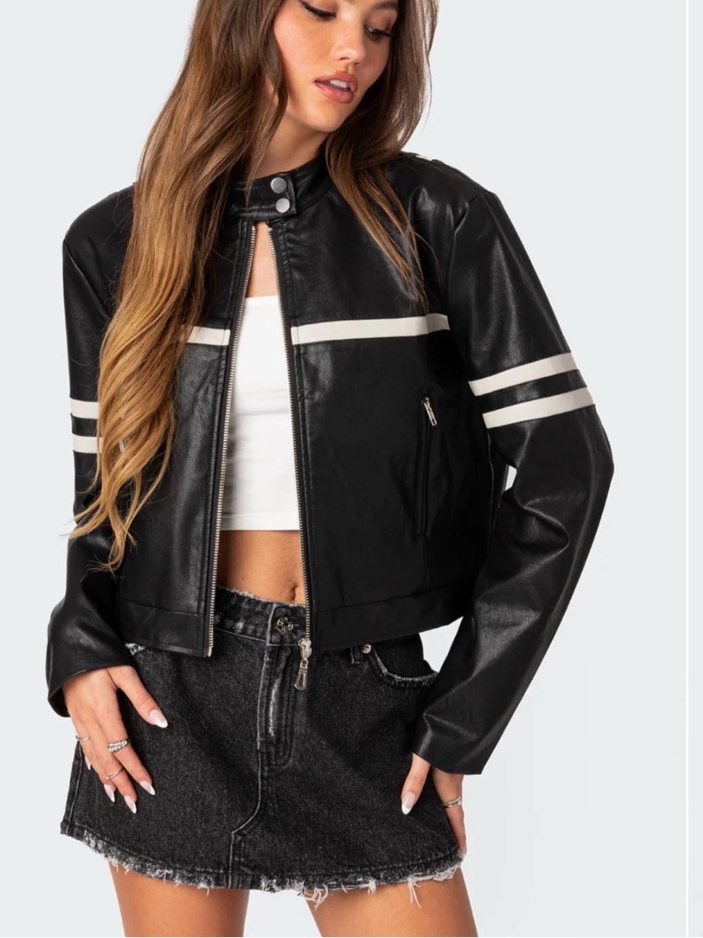 Edikted Black Faux Leather Rockstar Racing Stripe Jacket - Women's